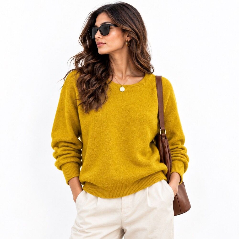 Quince 100% Mongolian Cashmere Crewneck Sweater Womens L Spicy Mustard Yellow